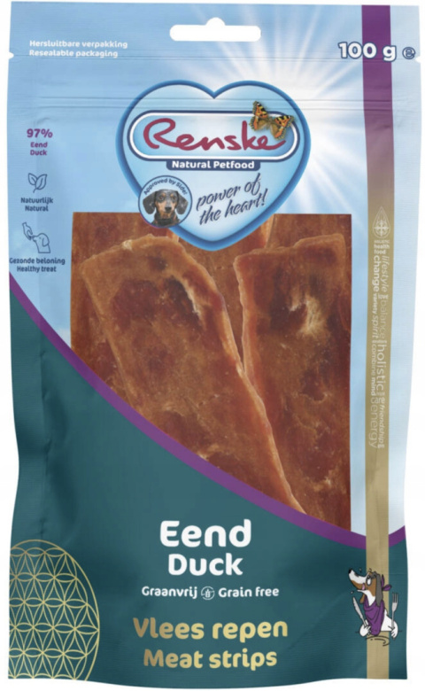 Renske healthy meat strips Duck - suszone płaty mięsa kaczki (100g) Renske healthy meat strips Duck - suszone płaty mięsa kaczki (100g)