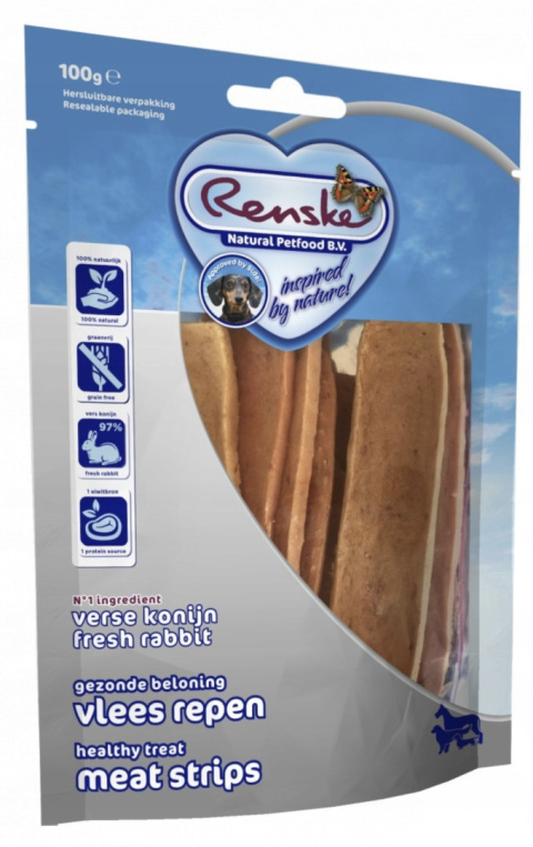 Renske healthy meat strips Rabbit - suszone płaty mięsa królika (100g) Renske healthy meat strips Rabbit - suszone płaty mięsa królika (100g)